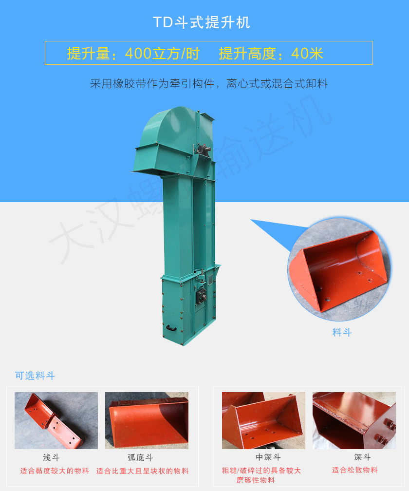 TD斗式提升機采用橡膠帶為牽引件，具有噪音小、成本底的優(yōu)點，根據(jù)不同物料可配置不同料斗：Q型(淺斗)、H型(弧底斗)、ZD型(中深斗)以及SD型(深斗)